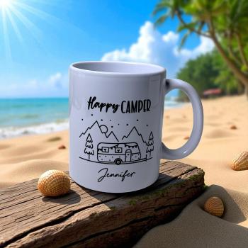 Keramiktasse Happy Camper personalisiert Kaffeebecher Teetasse Kaffeetasse - Artikel Nr. 1100083